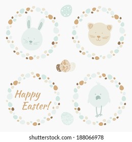Set of funny symbols of Easter - bunny,cat, chicken and wreathes of eggs.