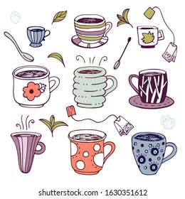 Set of funny tea cups of different shapes in the style of Doodle with sugar cubes, tea leaves, tea bags colored, bright in a harmonious color scheme, for use as a print and design elements