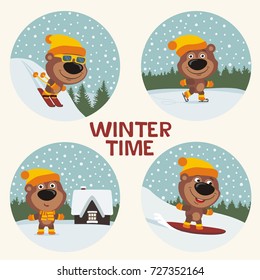 Set of funny teddy bear is engaged in winter sports: on skis, skates, snowboard, stands near the house against the background of snowflakes.