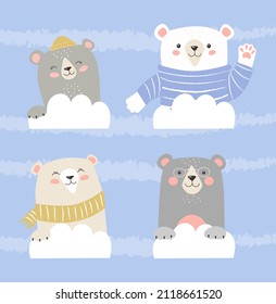 Set of funny teddy bears. Colorful stickers with cute animals in glasses, warm scarves, sweaters and hats. Design elements for printing. Cartoon flat vector collection isolated on blue background