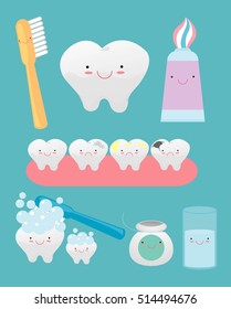 set of funny teeth consisting toothpaste, toothbrush, tooth, dental floss, mouthwash , on  background.Vector illustration.
