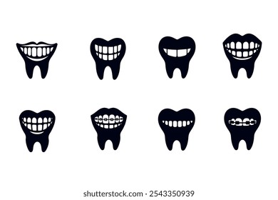 Conjunto de ícones de dentes engraçados. Com chaves e sem. Um conjunto de dentes engraçados para a odontologia infantil. Vetor