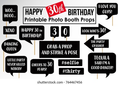 Set Of Funny Thirtieth Birthday Party Photobooth Props Vector Elements.