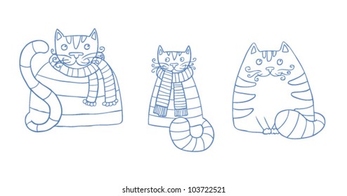 Set of funny three cats in blue pen outline