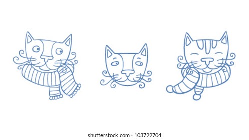 Set of funny three cats in blue pen outline