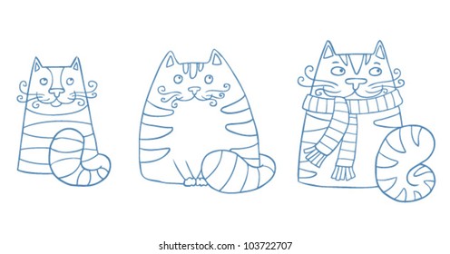 Set of funny three cats in blue pen outline