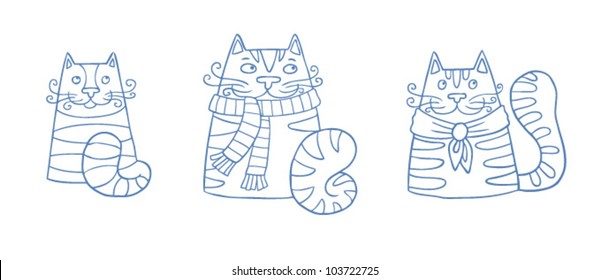 Set of funny three cats in blue pen outline