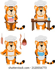 A set of funny tiger cubs cooks. The vector illustration is not the theme of the symbol of the year of the tiger.