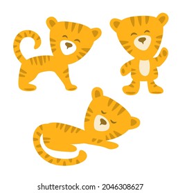 Un juego de graciosos cachorros de tigre. El estilo de los niños es sencillo y plano. Animales de rayas naranjas aislados en fondo blanco. Los tigres están de pie, agitando sus patas, mintiendo, durmiendo. Símbolo de 2022. Ilustración del vector