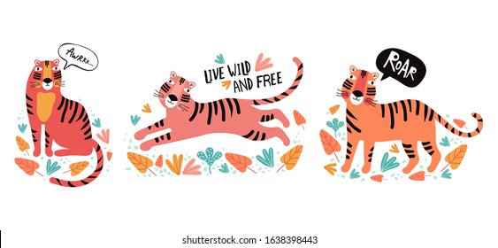 Set funny tigers in tropical leaves. Animals Taiwan. Flat vector illustration. Wild exotic animals. Cute animal cartoon character idea for child printable stuff and t shirt, greeting card, sticker