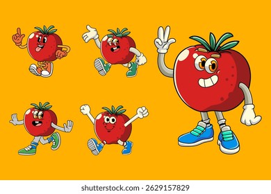 Set of funny tomato vegetable 70s retro comic cartoon characters