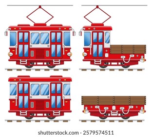 A set of funny trams. Isolated on white background. Side view. Vector illustration.