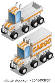 Um conjunto de caminhões engraçados com semirreboques. Isométrica. Isolado no fundo branco. Ilustração vetorial.