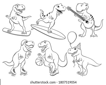 Set of funny tyrannosaurs. Collection of funny dinosaurs on a skateboard, with glasses, in a party hat, and others. Cool tyrannosaurus. Vector illustration for children.