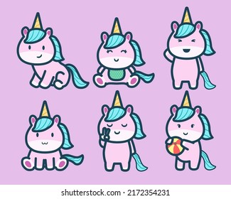 set of Funny unicorn characters with different emotions and activities in cartoon style, vector illustration