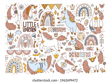 Set of funny unicorn, rainbows, elements for baby shower. Clipart for kids, cute magic horse animals, nursery room decor, neutral color illustration isolated on white background. Vector