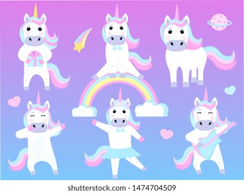 Set of funny unicorns. Cartoon characters playing guitar, dancing, sitting on a rainbow.