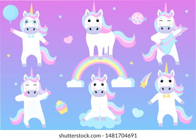 Set of funny unicorns. Cartoon characters playing guitar, dancing, sitting on a cloud.