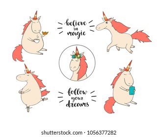 Set of funny unicorns on the white background. Vector illustration. art for poster, invitations, cards, badge, tag, icon, banner, stickers. Hand lettering phrases: follow your dreams, believe in magic
