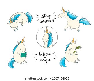 Set of funny unicorns on the white background. Vector illustration. magic art for poster, invitations, cards, badge, icon, banner, stickers. Hand lettering phrases: stay unicorn, believe in magic
