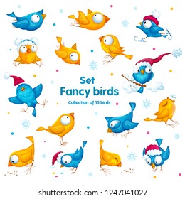 A set of funny unusual winter birds in different poses and situations. Vector cartoon characters.