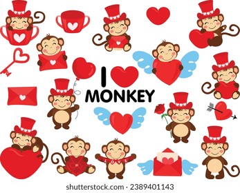 Set of funny valentine monkeys