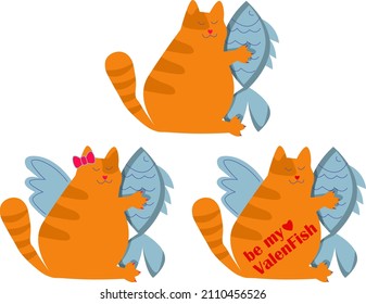 Set of funny Valentines day greeting card with fat cat holding fish heart and typography