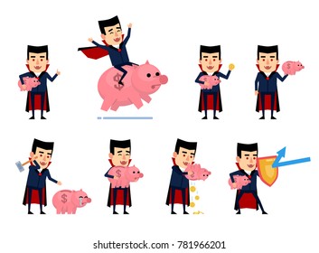 Set of funny vampire characters posing with piggy bank. Cheerful vampire holding piggy bank, saving money, riding big pig and showing other actions. Flat style vector illustration