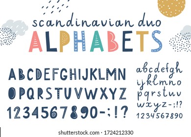 set of funny vector alphabets, lettering fonts with hand drawn elements in scandinavian style