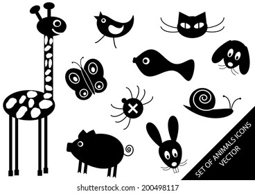 set of funny vector animals silhouettes