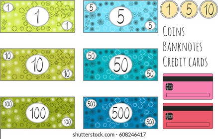 Set of funny vector banknotes, coins and credit cards for game. Isolated on white background. Money for playing shop, market, marketplace, supermarket. Requisite for cash, counter