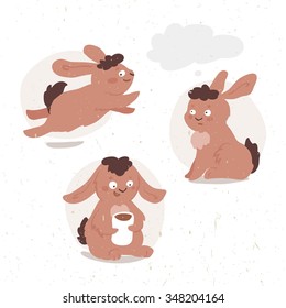 set of funny vector cartoon bunny in different poses drinks cocoa