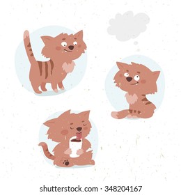 set of funny vector cartoon cat in different poses drinks cocoa