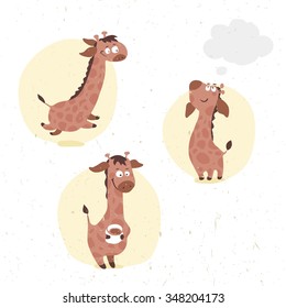 set of funny vector cartoon giraffe in different poses drinks cocoa