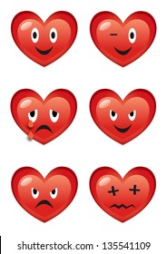Set of funny vector cartoon hearts with various facial expressions isolated on white background