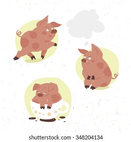 set of funny vector cartoon piglet in different poses drinks cocoa