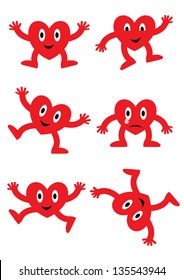 Set of funny vector cartoon sweet happy hearts with eyes, hands and legs and various facial expressions isolated on white background