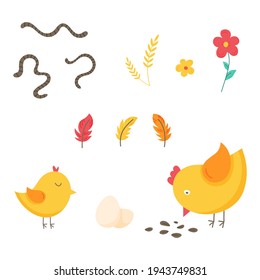 Set of funny vector chickens, eggs, feathers and worms. The graphic illustration is isolated on a white background. Poultry for printing postcards, fabrics, textiles, children's assignments