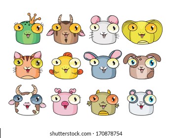 set of funny vector icons. animals: frog, goat, mouse, snake, cat, fish, hare, dog, cow, pig, dragon, panda. 