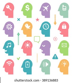 Set of Funny Vector Icons in Flat Style. Colorful Head Shapes with Different Brain Symbols on White