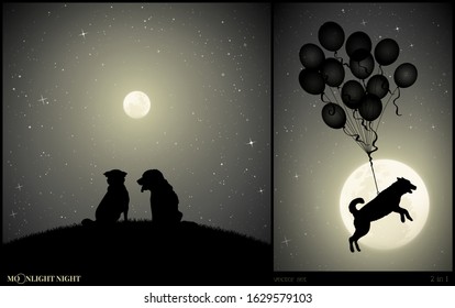 Set of funny vector illustration with silhouettes of dogs on moonlit night. Dog flying on balloons on moonlit night. Two animals sitting on hill in park. Full moon in starry sky