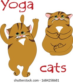 
Set of funny vector illustrations of striped cats doing yoga in a tree and lotus position. Cute illustration suitable for cards, flyers, print on children`s and adult clothes, mugs,stickers, emoticon