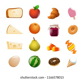 Set of funny vector isolated food cheese with holes, egg, fruit, jam, sweets.