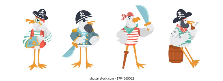 Set of funny vector pirate characters. Seagulls in sailor costumes with cocked hats, swords and peg leg. Isolated objects.