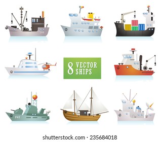 Set of funny vector ships in cartoon style. Isolated different ships