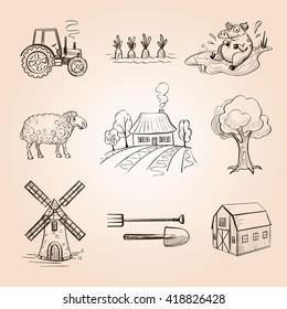 Set of funny vector sketches of farming in cartoon style