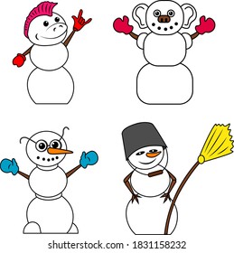 Juego de divertidos hombres de nieve vectoriales. Ilustración sobre el tema de las vacaciones y la recreación.