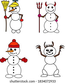 Set of funny vector snowmen. Illustration on the theme of holiday and recreation.