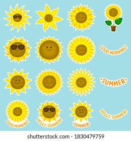 Set of funny vector sunflowers stickers. Cartoon style.Kawaii smile plants.With quotes. Positive emotions. For design of cards, posters, patterns, printing on t-shirts, mugs, avatars, magnets.