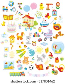 Set of funny vector toys, pets, gifts and other objects on a white background